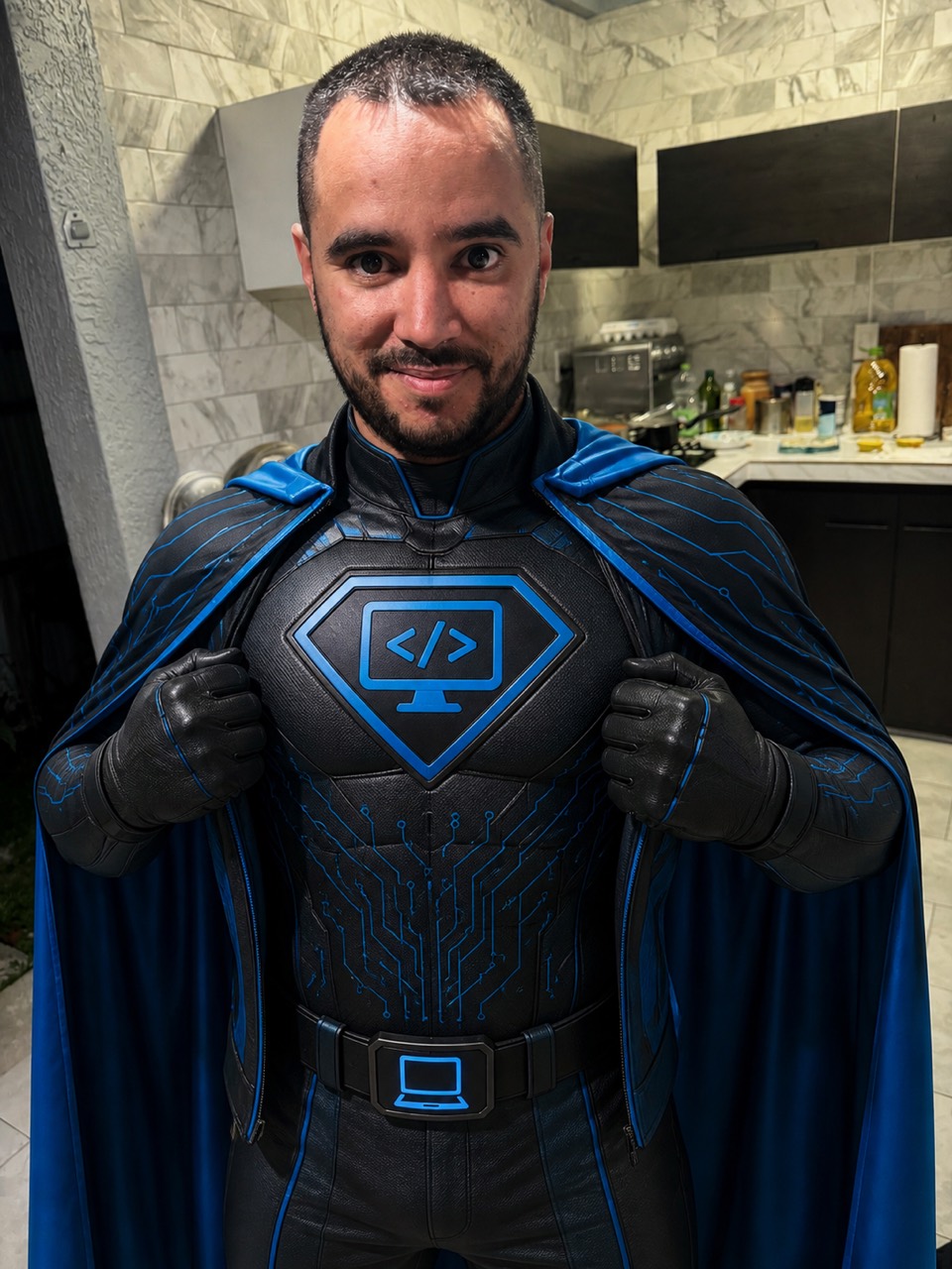 The person behind Pingofía smiling in a black and blue code superhero suit and cape